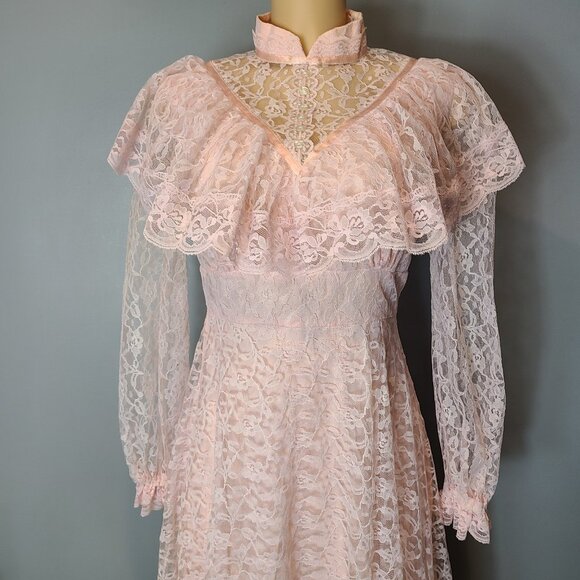 Vintage 70s Victorian Cottagecore Pink Lace Flounce Sleeve Prairie Maxi Dress S - Picture 2 of 16